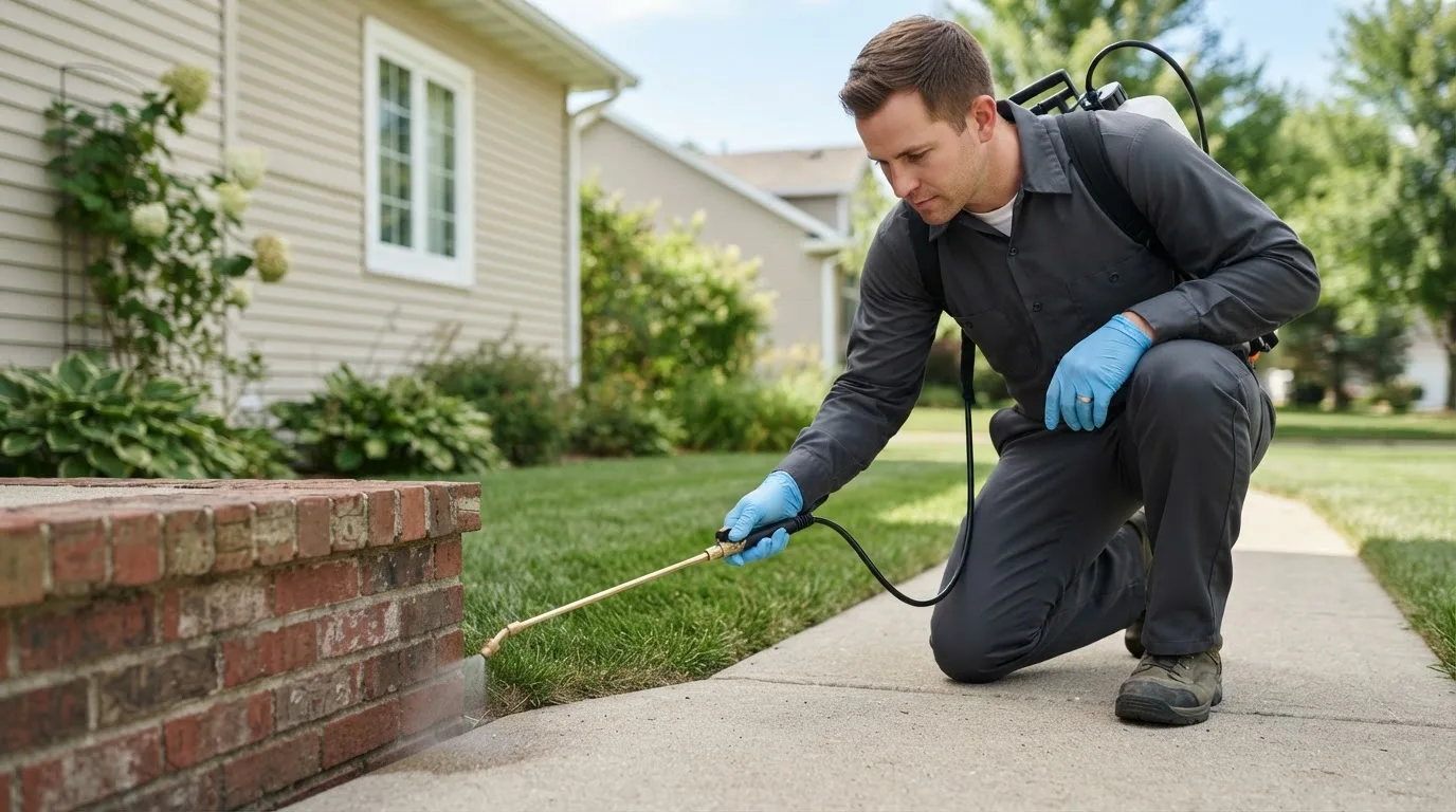 Pest control technician treating a home near Coraopolis, PA